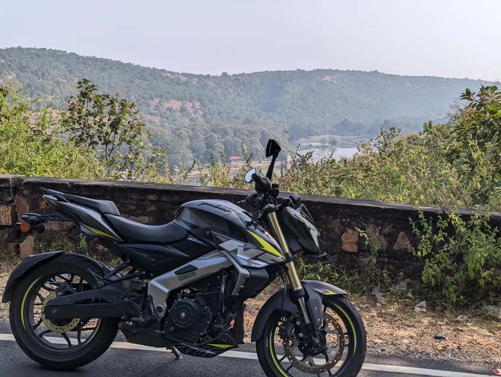 A Bajaj NS400Z motorcycle parked beside a road in Ramtek, photographed in October 2024; file photo.