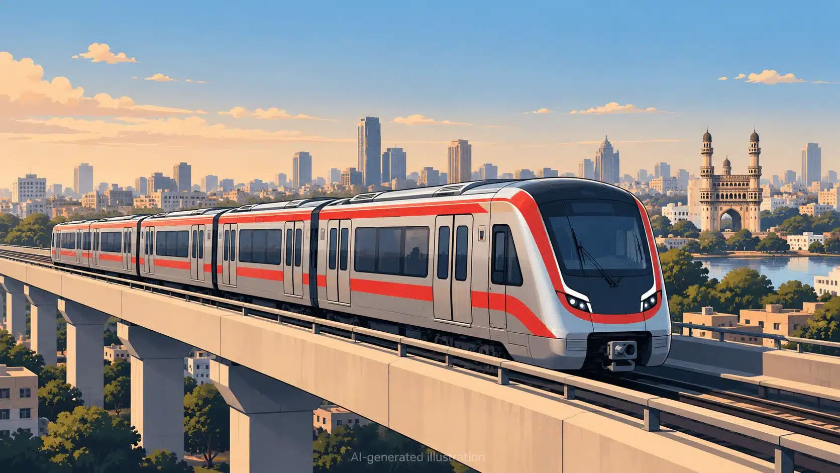AI-generated conceptual illustration of a silver and red metro train on an elevated viaduct with a stylized Hyderabad skyline.