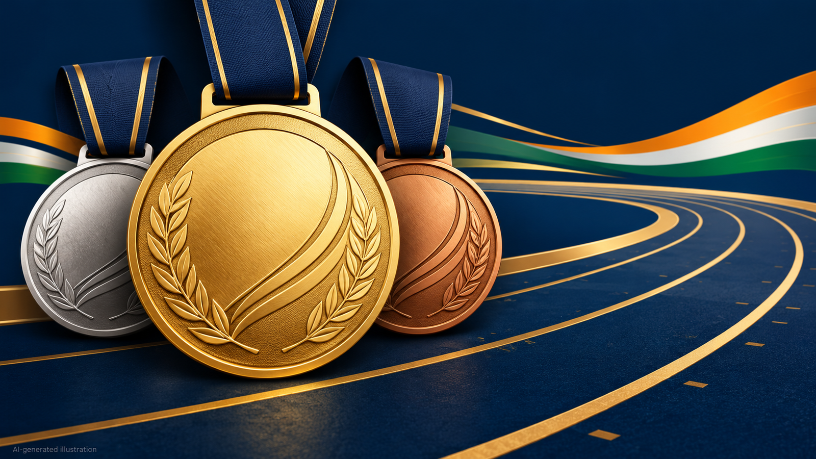 AI-generated illustration of gold, silver and bronze sporting medals beside an athletics track.