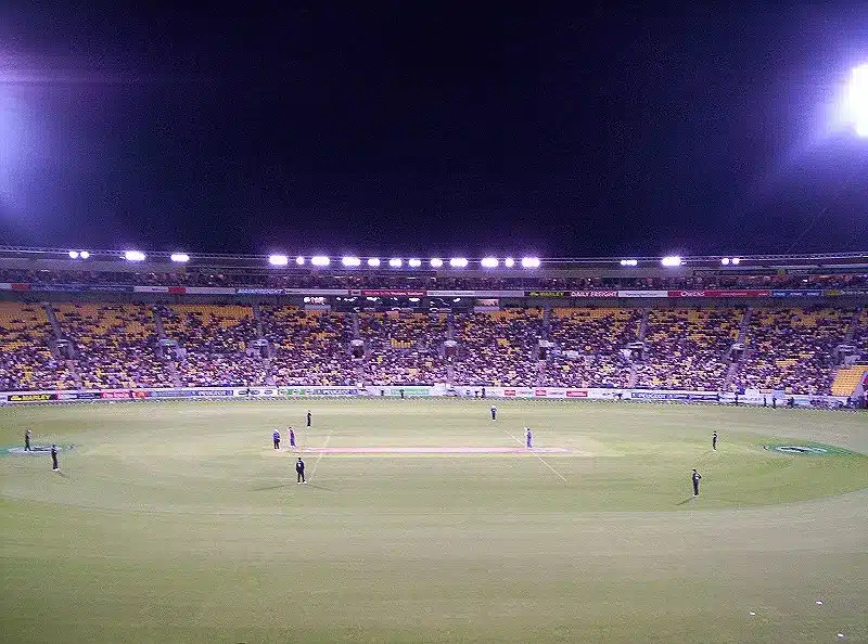 A cricket match under floodlights at Wellington Regional Stadium in February 2006; historical venue file photo.