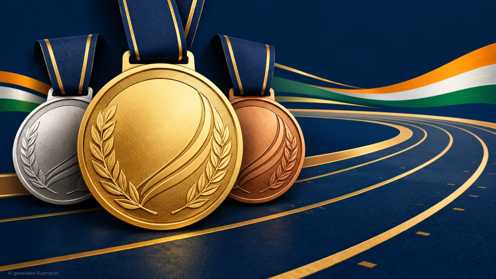 AI-generated illustration of gold, silver and bronze sporting medals beside an athletics track.
